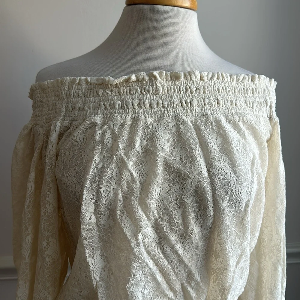 Free People Emily Lace Ivory Floral Crop Top Off The Shoulder Oversized XS EUC